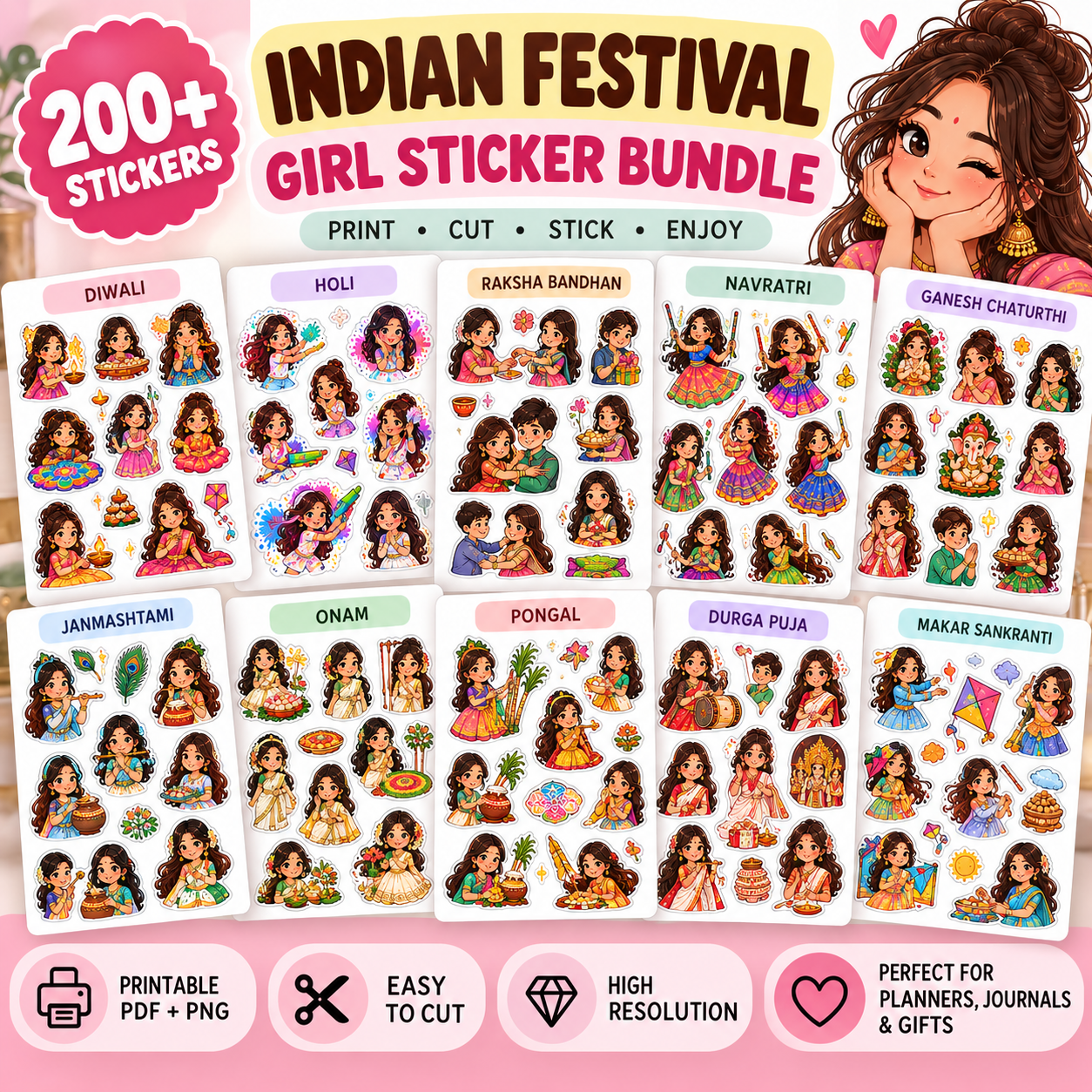 200+ Cute Girl Printable Stickers Bundle | Kawaii Girl Stickers | Indian Festival Stickers - Image 3