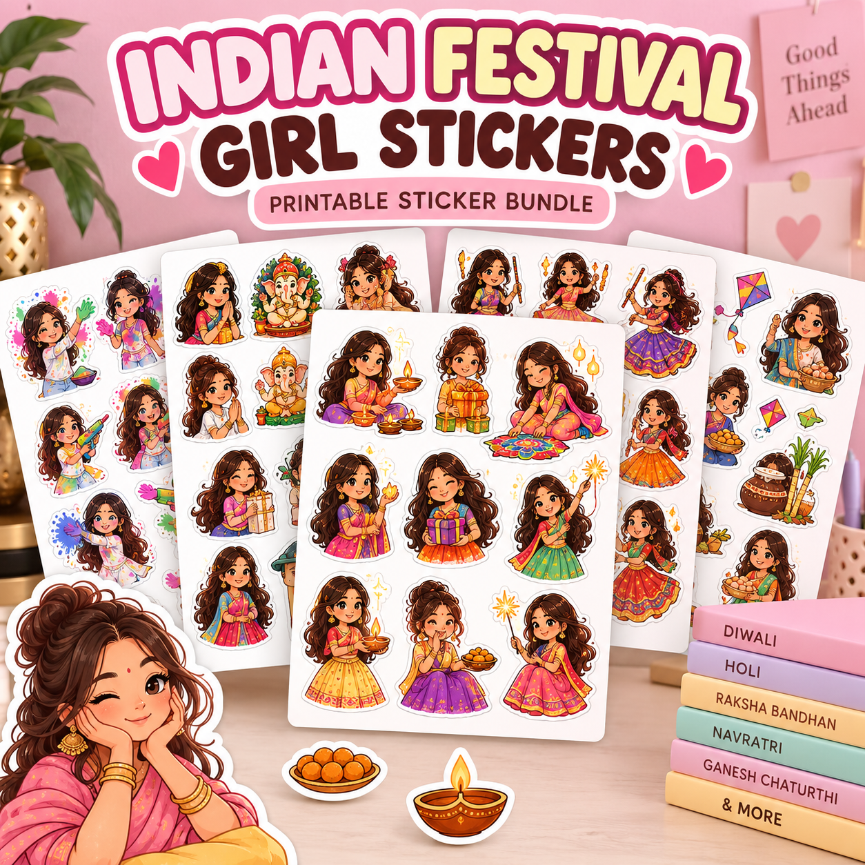 200+ Cute Girl Printable Stickers Bundle | Kawaii Girl Stickers | Indian Festival Stickers - Image 2