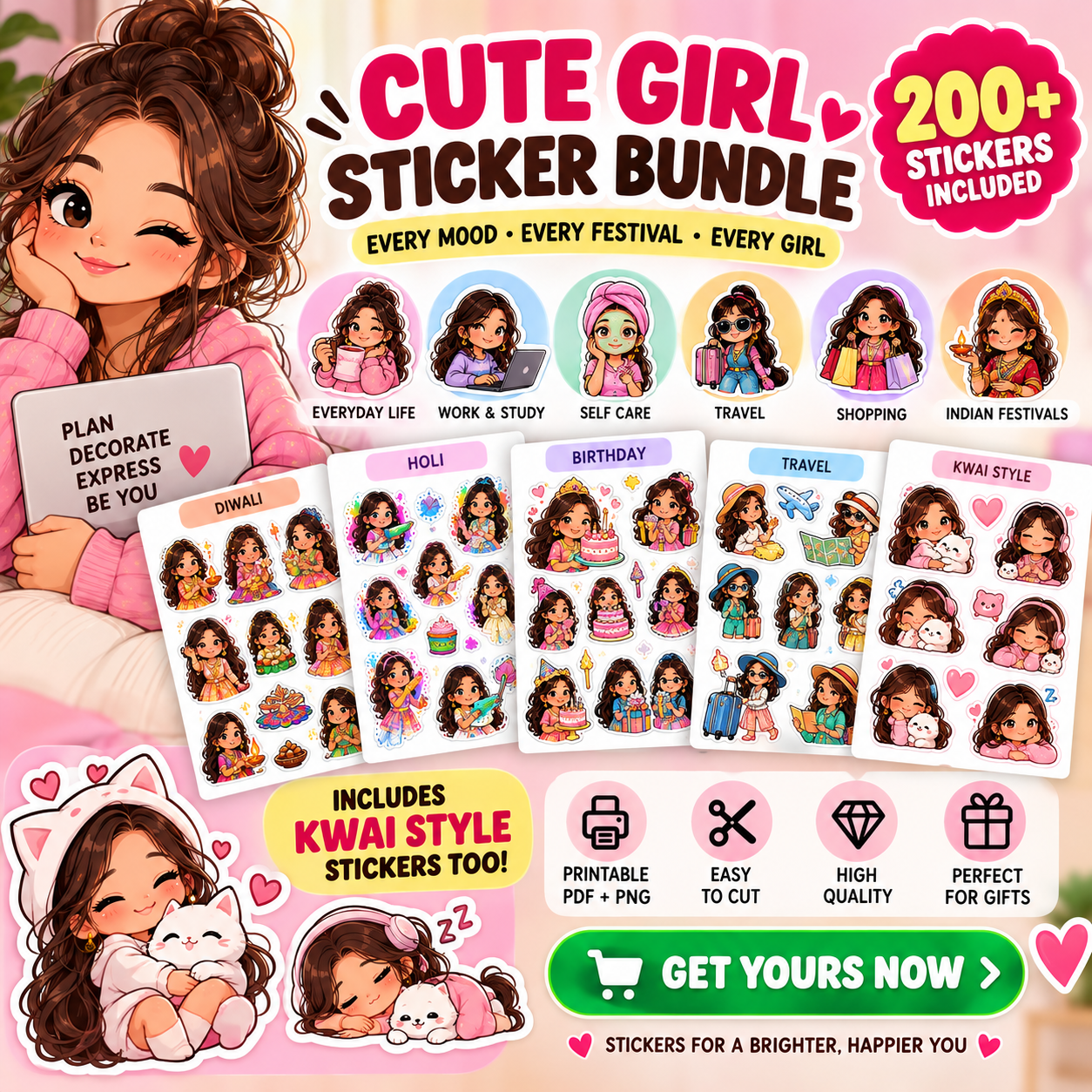 200+ Cute Girl Printable Stickers Bundle | Kawaii Girl Stickers | Indian Festival Stickers